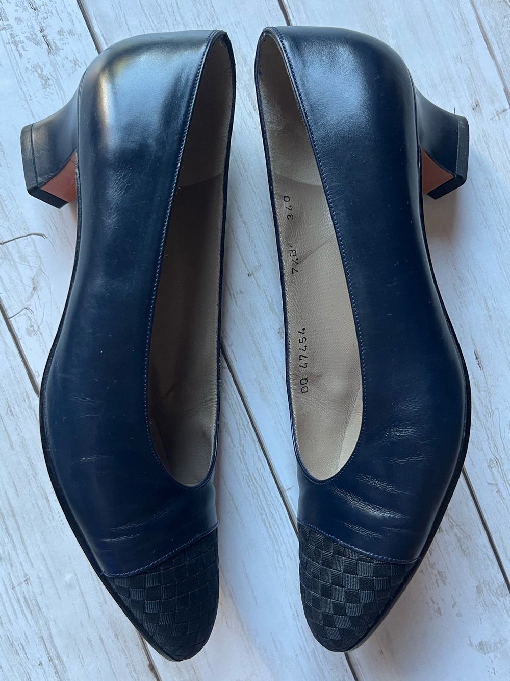 Salvatore Ferragamo Navy Leather Low Block Heel Pumps with Woven Toe Cap